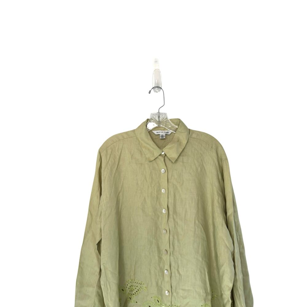 August Max Woman Green Relaxed Collared Lagenlook Long Sleeve Linen Blouse XL - Picture 3 of 13